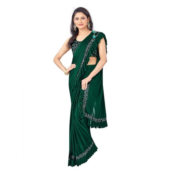 Dropship Women's Lycra Solid Saree With Unstitched Blouse (Green, 5.5 Mtr)