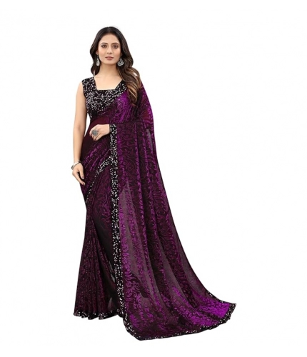 Women's Lycra Floral Saree With Unstitched Blouse (Wine, 5.5 Mtr)