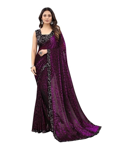 Women's Lycra Floral Saree With Unstitched Blouse (Wine, 5.5 Mtr)