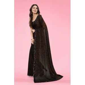 Generic Women's Lycra Floral Saree With Unstitched Blouse (Brown, 5.5 Mtr)