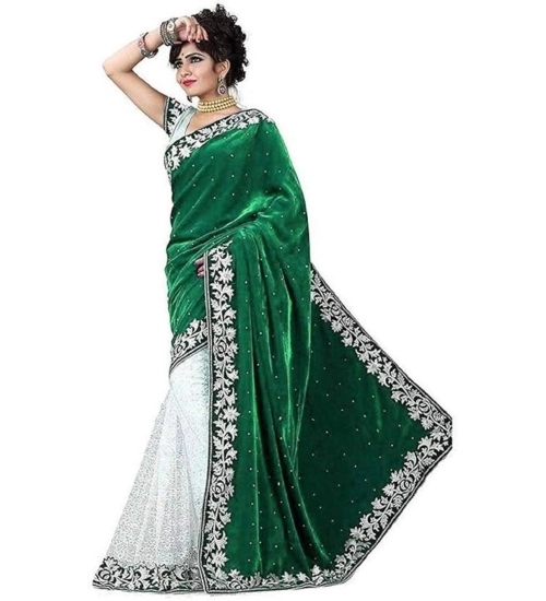 Women's Velvet Embroidered Saree With Unstitched Blouse (Green, 5.5 Mtr)