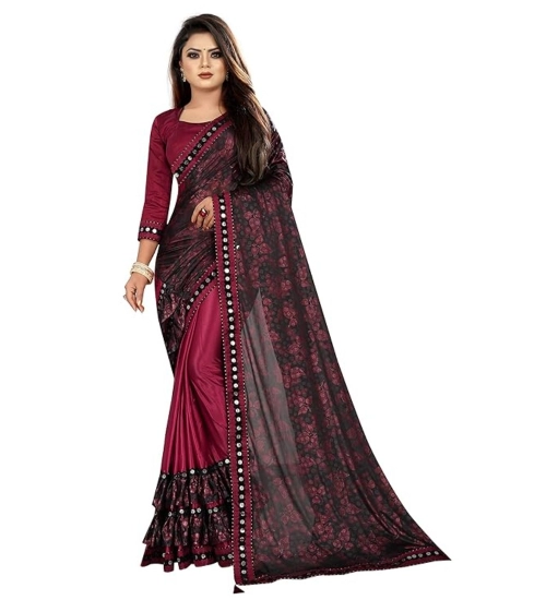 Women's Lycra Solid Saree With Unstitched Blouse (Maroon, 5.5 Mtr)