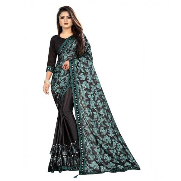 Dropship Women's Lycra Solid Saree With Unstitched Blouse (Green, 5.5 Mtr)