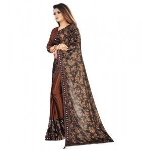 Generic Women's Lycra Solid Saree With Unstitched Blouse (Brown, 5.5 Mtr)