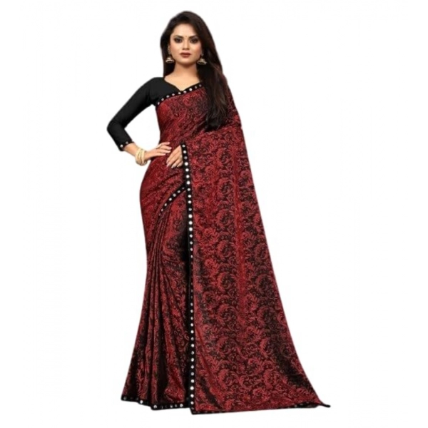 Dropship Women's Lycra Solid Saree With Unstitched Blouse (Maroon, 5.5 Mtr)