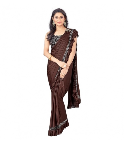 Women's Lycra Solid Saree With Unstitched Blouse (Brown, 5.5 Mtr)