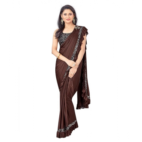 Dropship Women's Lycra Solid Saree With Unstitched Blouse (Brown, 5.5 Mtr)