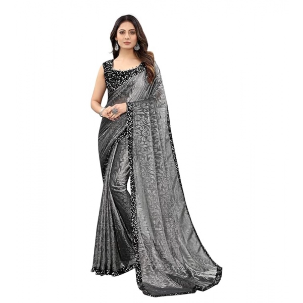 Dropship Women's Lycra Floral Saree With Unstitched Blouse (Grey, 5.5 Mtr)