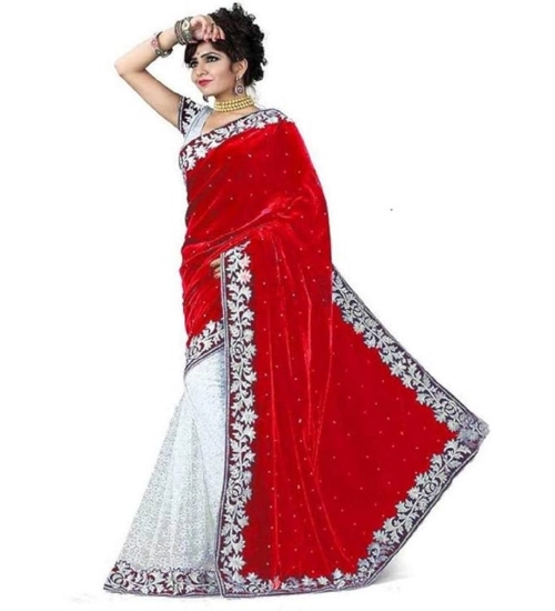 Women's Velvet Embroidered Saree With Unstitched Blouse (Red, 5.5 Mtr)
