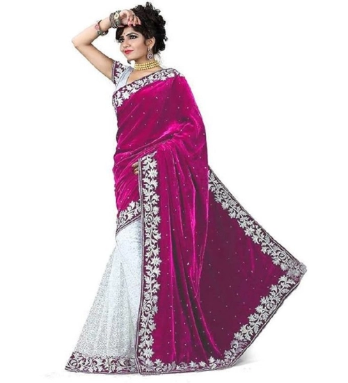 Women's Velvet Embroidered Saree With Unstitched Blouse (Pink, 5.5 Mtr)