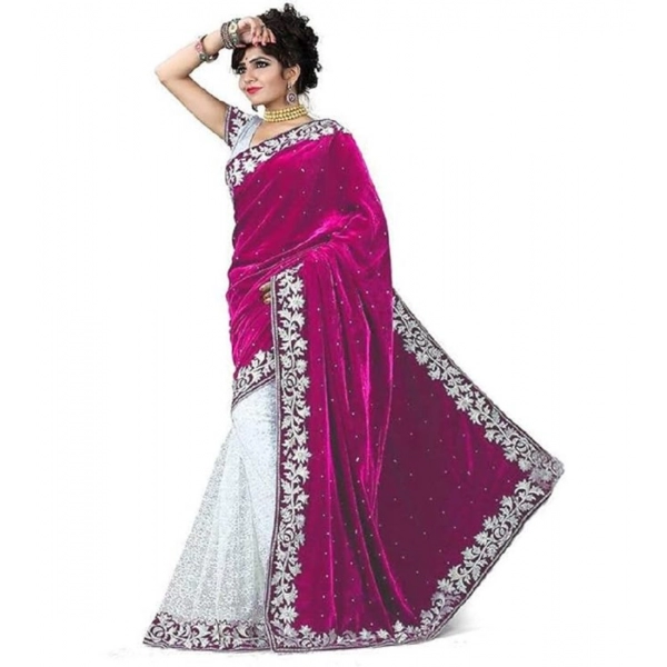 Dropship Women's Velvet Embroidered Saree With Unstitched Blouse (Pink, 5.5 Mtr)