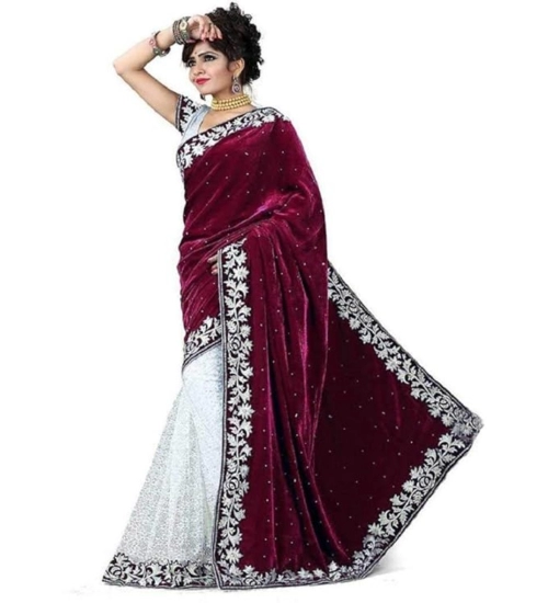 Women's Velvet Embroidered Saree With Unstitched Blouse (Maroon, 5.5 Mtr)