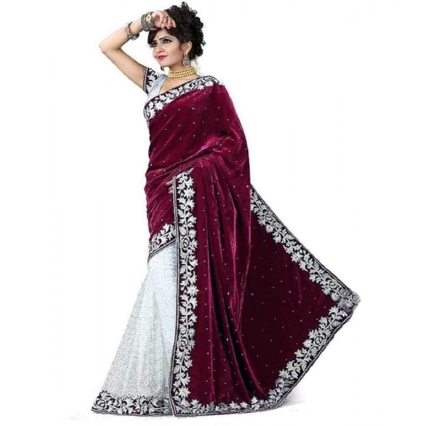 Dropship Women's Velvet Embroidered Saree With Unstitched Blouse (Maroon, 5.5 Mtr)
