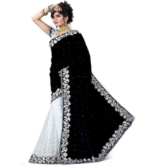 Women's Velvet Embroidered Saree With Unstitched Blouse (Black, 5.5 Mtr)