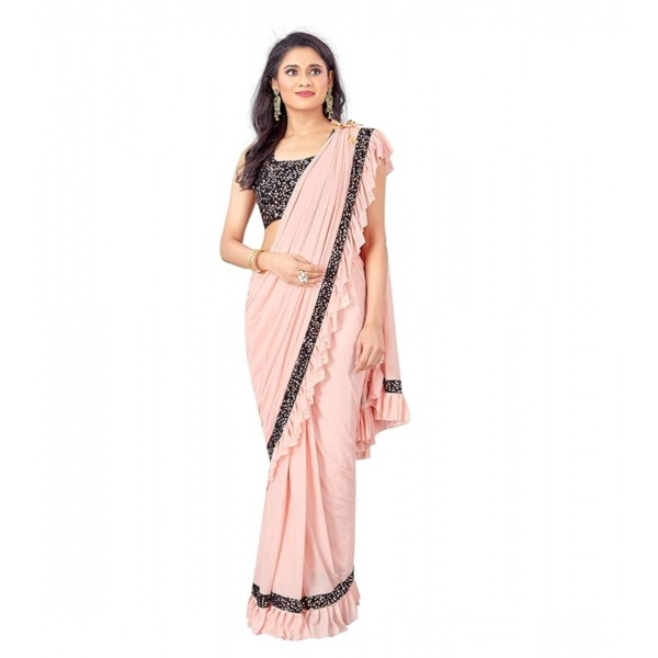 Dropship Women's Lycra Solid Saree With Unstitched Blouse (Peach, 5.5 Mtr)
