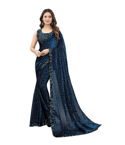 Women's Lycra Floral Saree With Unstitched Blouse (Blue, 5.5 Mtr)