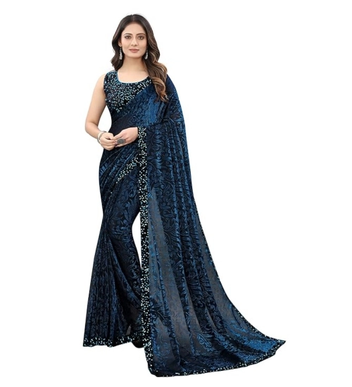 Women's Lycra Floral Saree With Unstitched Blouse (Blue, 5.5 Mtr)