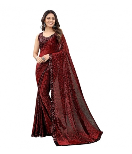 Women's Lycra Floral Saree With Unstitched Blouse (Maroon, 5.5 Mtr)