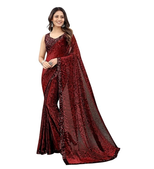 Women's Lycra Floral Saree With Unstitched Blouse (Maroon, 5.5 Mtr)
