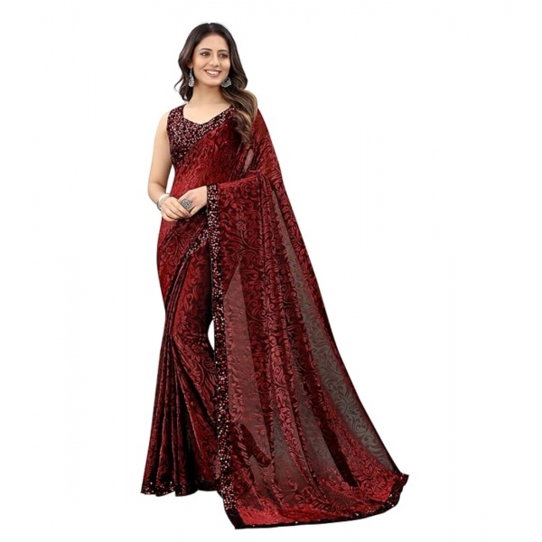 Dropship Women's Lycra Floral Saree With Unstitched Blouse (Maroon, 5.5 Mtr)