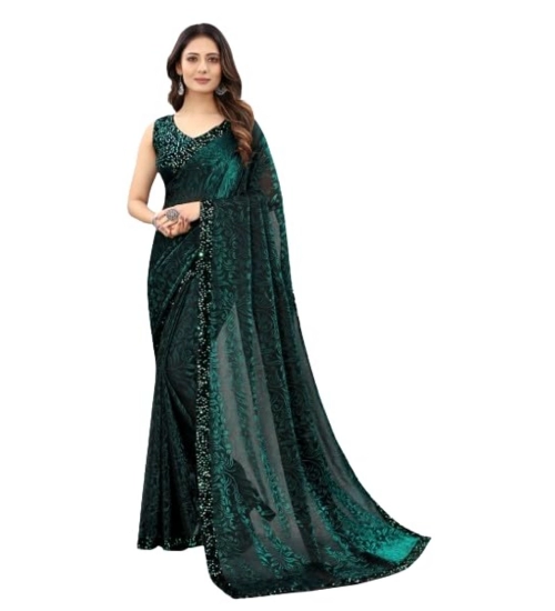 Women's Lycra Floral Saree With Unstitched Blouse (Green, 5.5 Mtr)