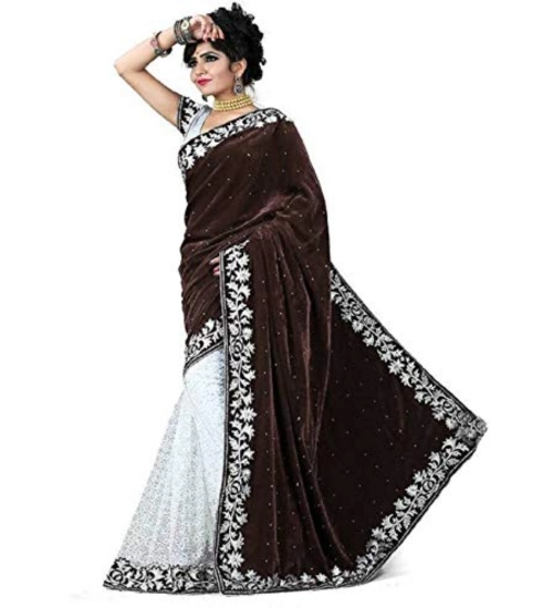Women's Velvet Embroidered Saree With Unstitched Blouse (Brown, 5.5 Mtr)