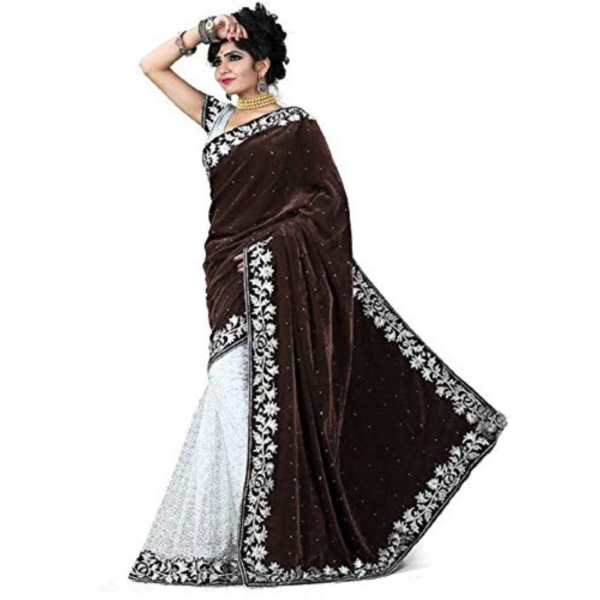 Dropship Women's Velvet Embroidered Saree With Unstitched Blouse (Brown, 5.5 Mtr)