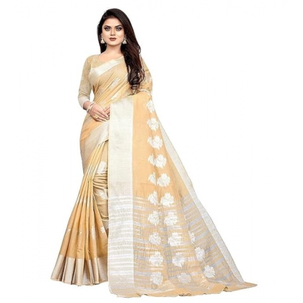 Dropship Women's Cotton Silk Floral Saree With Unstitched Blouse (Beige, 5.5 Mtr)