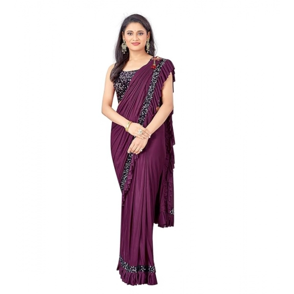 Dropship Women's Lycra Solid Saree With Unstitched Blouse (Wine, 5.5 Mtr)