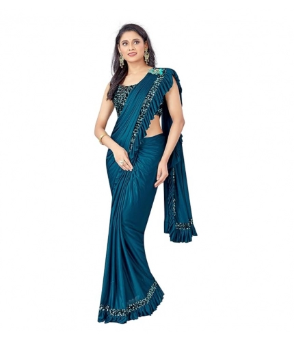 Women's Lycra Solid Saree With Unstitched Blouse (Rama, 5.5 Mtr)