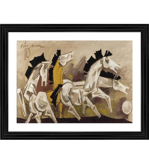 Four Horses Painting With Wood Photo Frame (Multicolor)