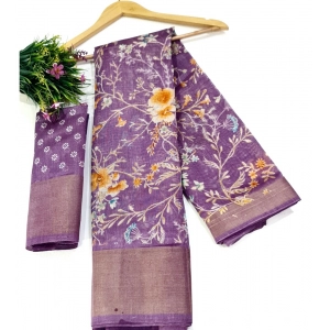 Generic Women's Cotton Printed Saree With Unstitched Blouse (Purple, 5-5 Mtrs)