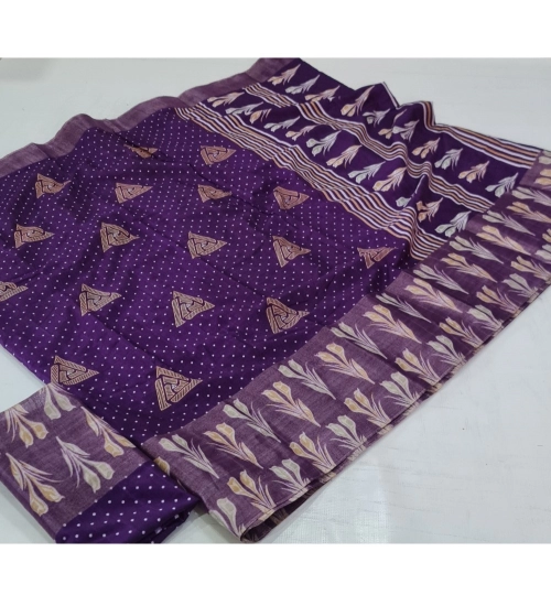 Women's Cotton Silk Printed Saree With Unstitched Blouse (Purple, 5-5 Mtrs)