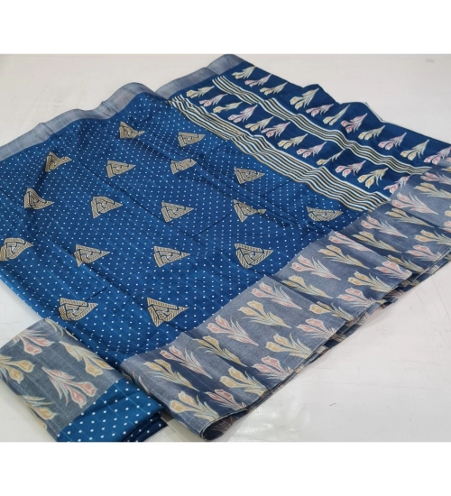 Women's Cotton Silk Printed Saree With Unstitched Blouse (Blue, 5-5 Mtrs)