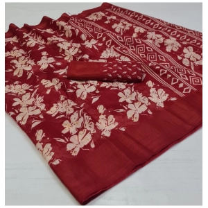 Generic Women's Cotton Printed Saree With Unstitched Blouse (Red, 5-5 Mtrs)