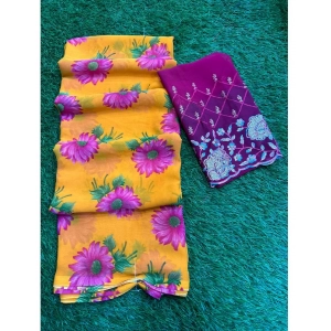 Generic Women's Georgette Printed Saree With Unstitched Blouse (Purple, 5-5 Mtrs)
