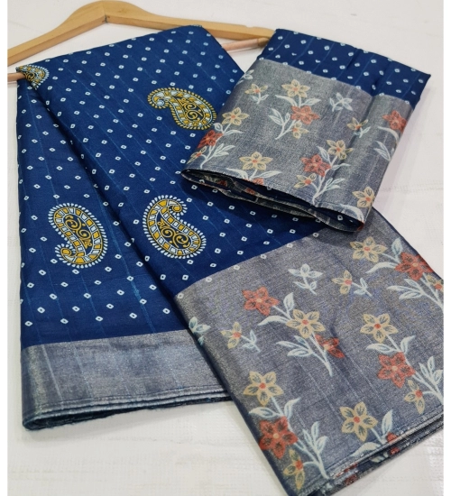 Women's Cotton Silk Printed Saree With Unstitched Blouse (Blue, 5-5 Mtrs)