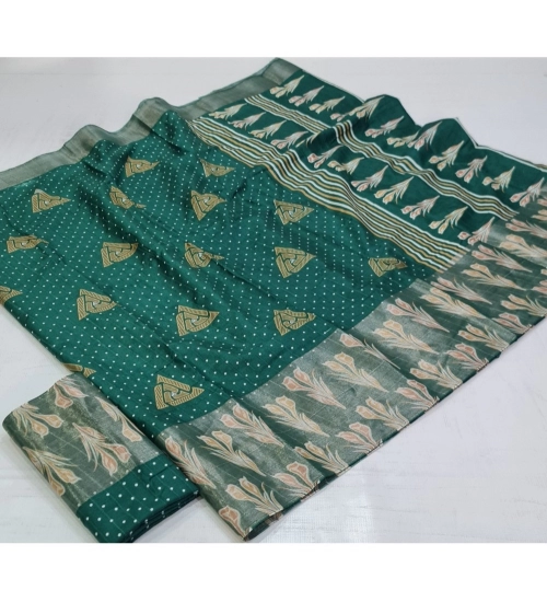 Women's Cotton Silk Printed Saree With Unstitched Blouse (Green, 5-5 Mtrs)