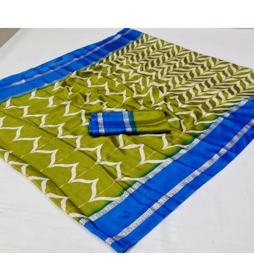 Women's Cotton Printed Saree With Unstitched Blouse (Light-Green, 5-5 Mtrs)