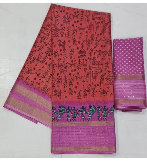 Women's Cotton Printed Saree With Unstitched Blouse (Peach, 5-5 Mtrs)