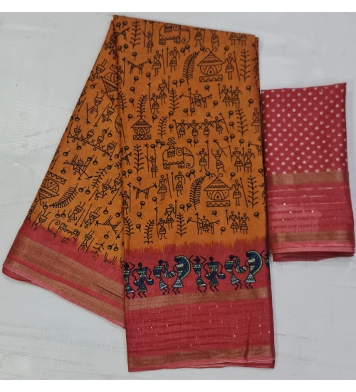 Women's Cotton Printed Saree With Unstitched Blouse (Orange, 5-5 Mtrs)
