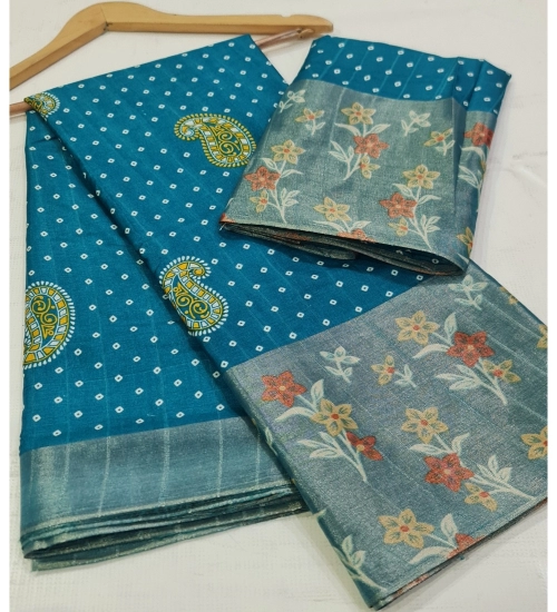 Women's Cotton Silk Printed Saree With Unstitched Blouse (Light-Blue, 5-5 Mtrs)