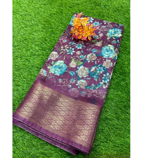 Women's Cotton Printed Saree With Unstitched Blouse (Purple, 5-5 Mtrs)