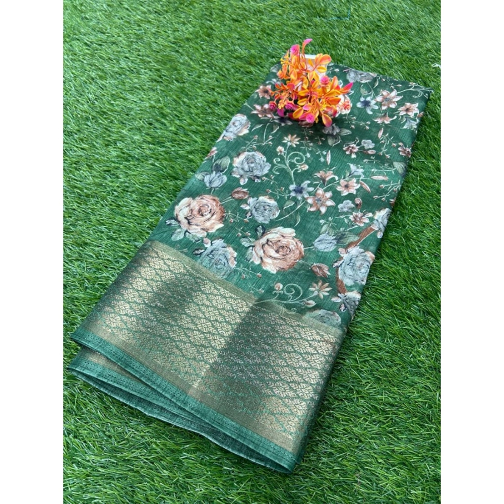 Generic Women's Cotton Printed Saree With Unstitched Blouse (Green, 5-5 Mtrs)