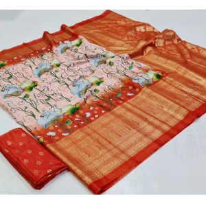 Generic Women's Art Silk Printed Saree With Unstitched Blouse (Orange, 5-5 Mtrs)