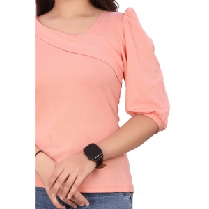Generic Women's Casual Puff Sleeves Lycra Blend Asymmetric Neck Top (Peach)