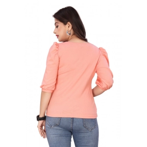 Generic Women's Casual Puff Sleeves Lycra Blend Asymmetric Neck Top (Peach)