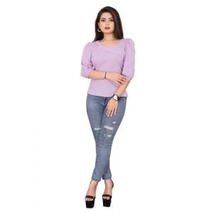 Generic Women's Casual Puff Sleeves Lycra Blend Asymmetric Neck Top (Lavendar)