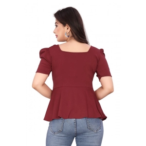 Generic Women's Casual Puff Sleeves Lycra Blend Sweetheart Neck Top (Maroon)