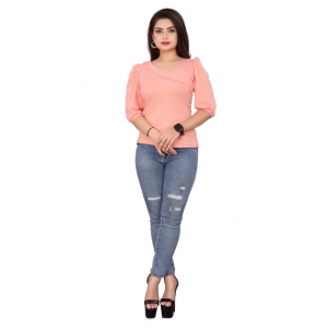 Generic Women's Casual Puff Sleeves Lycra Blend Asymmetric Neck Top (Peach)